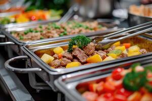 ai généré restauration buffet nourriture intérieur dans luxe restaurant avec Viande et des légumes. photo