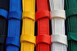 ai généré coloré force textile bandes. tissé corde fabriqué de nylon ou polyester dans divers couleurs. photo