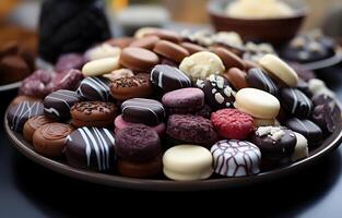 ai généré vue de magnifique délicieux Chocolat bonbons nourriture dans différent modes sur une assiette photo