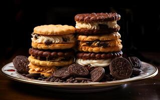 ai généré vue de savoureux biscuits nourriture dans différent couches sur une assiette photo