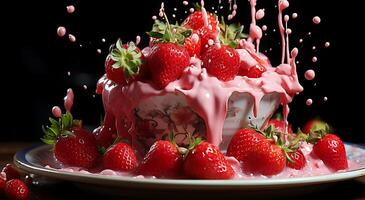 ai généré vue de magnifique délicieux fraise fruit chute dans Lait dans une bol sur une table photo