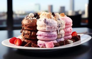 ai généré délicieux Frais nourriture vanille et fraise la glace crème dans différent modes sur une assiette photo