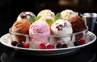 ai généré délicieux Frais nourriture vanille et fraise la glace crème dans différent modes sur une assiette photo