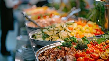 ai généré restauration buffet nourriture intérieur dans luxe restaurant avec Viande et des légumes. photo