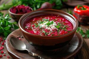 ai généré bol de rouge betterave racine soupe bortsch. photo