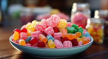 ai généré tari avec sucre dans une bol est sucré plat de différent couleurs lequel est très savoureux photo