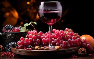 ai généré grain de raisin jus dans une du vin verre et divers des fruits foncé rose, gris et rouge les raisins à le bas photo