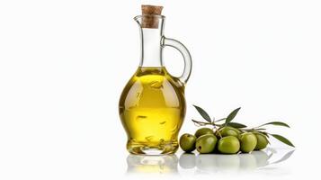 ai généré bouteille de olive pétrole et Olives isolé sur blanc Contexte. photo