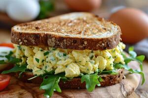 ai généré délicieux Oeuf salade sandwich. photo