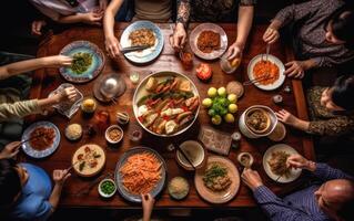 ai généré profiter dîner avec amis. Haut vue de groupe de gens ayant dîner ensemble. génératif ai photo