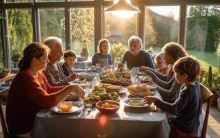 ai généré profiter dîner avec amis. Haut vue de groupe de gens ayant dîner ensemble. génératif ai photo