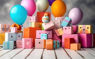 ai généré mignonne jouets avec coloré ballon et cadeau boîte. ai génératif photo