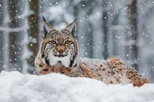 ai généré européen Lynx dans une neigeux forêt dans le l'hiver. photo