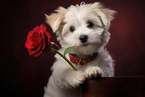 ai généré mignonne chien en portant une rouge Rose comme une la Saint-Valentin journée cadeau photo