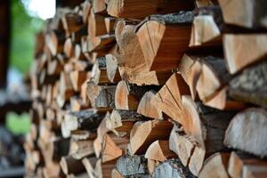 ai généré empilés journaux de bois de chauffage. préparation pour le chauffage saison photo