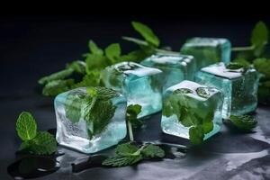 ai généré la glace cubes avec Frais vert menthe feuilles fermer sur foncé arrière-plan, neural réseau généré image photo