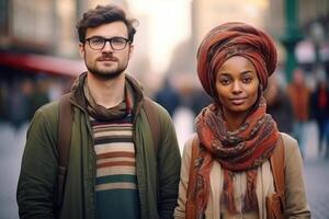 ai généré portrait de une homme et une femme patriotes de leur pays contre le Contexte de une ville rue photo