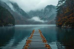 ai généré un vide en bois jetée à crépuscule contre le toile de fond de montagnes photo