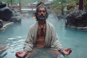 ai généré une homme séance dans le l'eau pratiquant yoga , profiter méditation photo