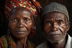 ai généré portrait de un personnes âgées africain couple sur vacances dans nationale déguisements. périple photo