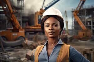 ai généré une femme ingénieur, constructeur ou architecte dans une casque contre le Contexte de une construction site photo