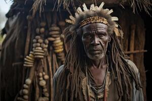 ai généré portrait de un africain Masculin chef dans le sien africain village. Afrique photo
