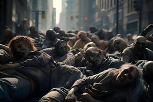 ai généré zombi horde en train de dormir sur une ville rue à journée temps, neural réseau généré photoréaliste image photo