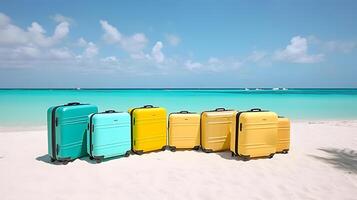 ai généré peu moderne les valises sur tropical recours plage à ensoleillé jour, neural réseau généré art photo