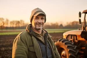 ai généré agriculteur dans le milieu de le sien labour champ dans printemps, dans le de bonne heure Matin. neural réseau généré photoréaliste image photo