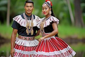 ai généré portrait de une homme et une femme dans nationale déguisements. Polynésie photo