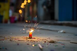 ai généré content diwali - allumé diya lampe sur rue avec pétards, neural réseau généré photoréaliste image photo