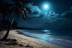 ai généré tropical plage vue avec blanc sable, turquoise l'eau et paume arbre à plein lune nuit, neural réseau généré photoréaliste image photo