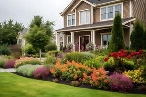 ai généré classique maison avec fleur jardin à été journée - américain rêver style, neural réseau généré image photo