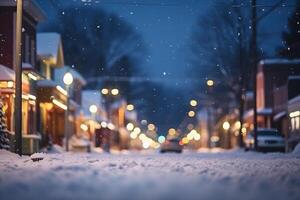 ai généré petit américain ville rue vue à neigeux hiver nuit, neural réseau généré image photo