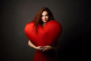 ai généré femme en portant gros rouge cœur sur foncé gris arrière-plan, neural réseau généré photoréaliste image photo