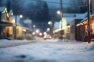ai généré petit américain ville rue vue à neigeux hiver nuit, neural réseau généré image photo