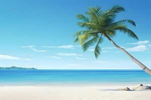 ai généré tropical plage vue à ensoleillé journée avec blanc sable, turquoise l'eau et paume arbre, neural réseau généré image photo