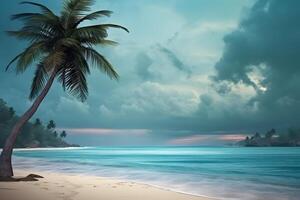 ai généré tropical plage vue avec blanc sable, turquoise l'eau et paume arbre à orageux jour, neural réseau généré photoréaliste image photo