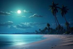 ai généré tropical plage vue avec blanc sable, turquoise l'eau et paume arbre à plein lune nuit, neural réseau généré photoréaliste image photo