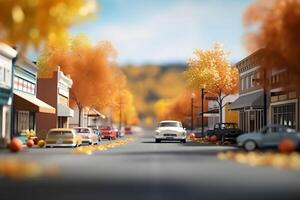 ai généré jouet américain centre ville rue vue à ensoleillé l'automne Matin , neural réseau généré image photo