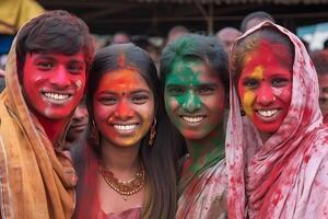 ai généré souriant personnes, coloré content visages avec vibrant couleurs pendant le fête de le Holi Festival dans Inde. neural réseau généré image photo