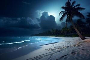 ai généré tropical plage vue avec blanc sable, turquoise l'eau et paume arbre à plein lune nuit, neural réseau généré photoréaliste image photo