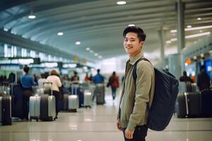 ai généré Jeune adulte asiatique Masculin voyageur à aéroport ou train station salle avec noir sac à dos, neural réseau généré photoréaliste image photo