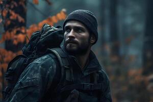 ai généré sale fatigué soldat dans Profond forêt à , neural réseau généré image photo