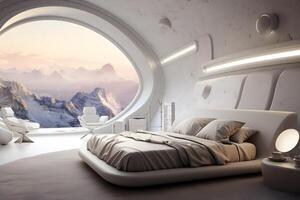 ai généré futuriste blanc lune base chambre intérieur, neural réseau généré image photo