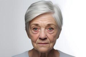 ai généré portrait de Sénior aux cheveux gris caucasien femme sur blanc Contexte. neural réseau généré photoréaliste image. photo