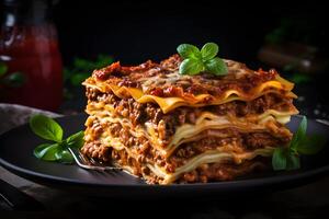 ai généré classique italien lasagne avec couches de Pâtes sur noir assiette sur table sur foncé Contexte. neural réseau photoréaliste généré image photo