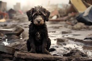 ai généré seul et faim national chien après catastrophe sur le Contexte de maison décombres, neural réseau généré image photo