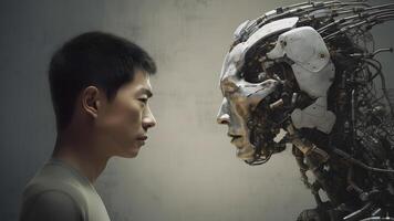 ai généré asiatique Jeune adulte homme contre robot à la recherche à chaque autre, visage à affronter, côté voir, neural réseau généré image photo