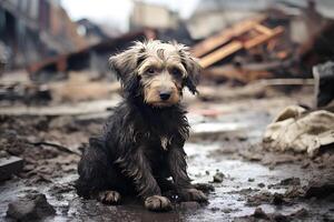 ai généré seul et faim national chien après catastrophe sur le Contexte de maison décombres, neural réseau généré image photo